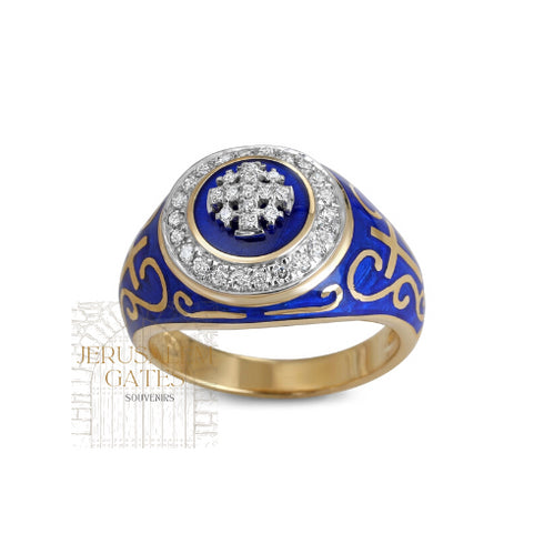 14K Gold With Diamond & Enamel Jerusalem Cross Men’s Ring